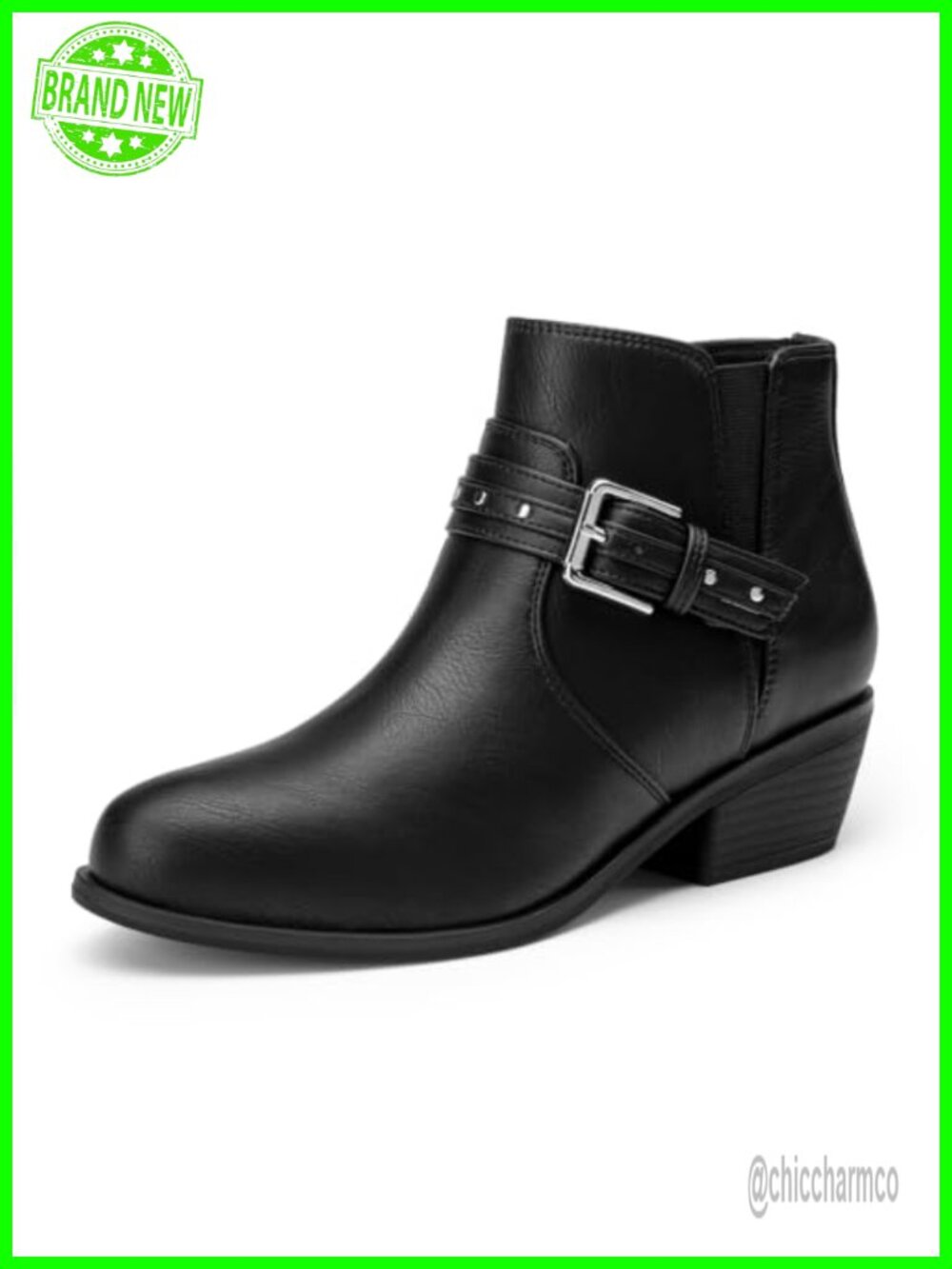 Chunky Low Heel Ankle Boots with Side Zipper Faux Leather Almond Toe